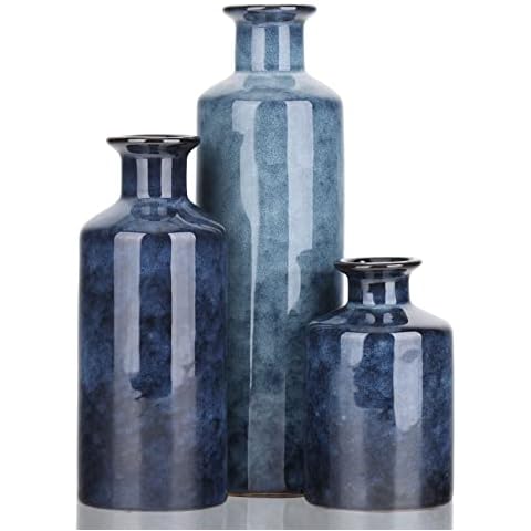 Blue Ceramic Vases Set - 3 Blue Small Vase, Farmhouse Country Blue Vases Home Decor, Living Room Decoration, Table Decoration, Fireplace Decor, and Entrance Decoration Centerpieces Cover
