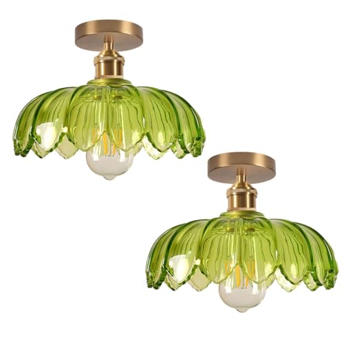DLGLOLIN Lot de 2 Plafonnier Luminaire en Verre Verte Lampe de Plafond Créativité Fleur Décoratio E27 Laiton Éclairage de Plafond Suspension Pour Couloir...