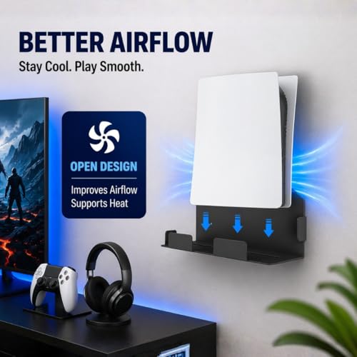 Image of PS5 Wall Mount Stand for PlayStation 5 & PS5 Slim Disc /Digital Edition Consoles, Heavy Duty Wall Mount Bracket, Space Saving Vertical Console Holder Rack, Black