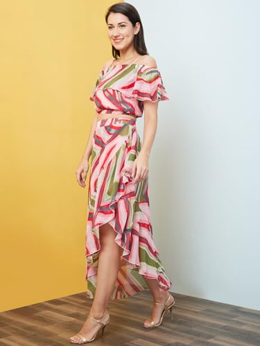 Image of Globus Women Pink Printed Co-Ord with Strappy Off-Shoulder Top & Skirt-3640697001