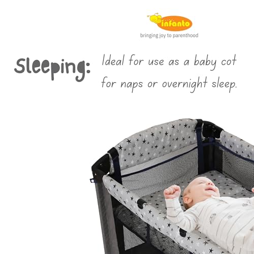 Image of Infanto Portable Baby Playpen Cum Cot with Travel Bag | Easy Fold Compact Design | 2 in 1 Functionality Crib | Double Layer Pad | Breathable Mesh Baby Bedside Crib with Playpen for Babies | Grey