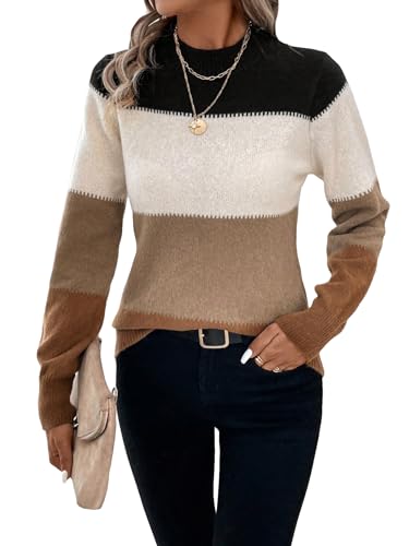 WDIRARA Women's Color Block Sweaters Long Sleeve Mock Neck Tops Loose Knitted Pullover Sweater