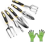 Ensemble d'outils de jardin - 6 Ensemble d'outils à main pour le jardinage des pièces (gants de weeder, truelle, transplanté, cultivateur et fourche à désherbage) - Alliage d'aluminium lourd - Ergonomique & Résistant à la rouille - Cadeaux de jardinage pour les femmes Hommes