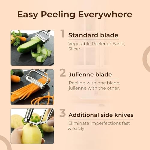 Image of Stainless Steel Vegetable Peeler with Julienne Blade, Potato Peeler & Fruit Slicer, Ergonomic Grip, Easy Clean Kitchen Peeler for Carrot, Cucumber, Apple & Vegetables