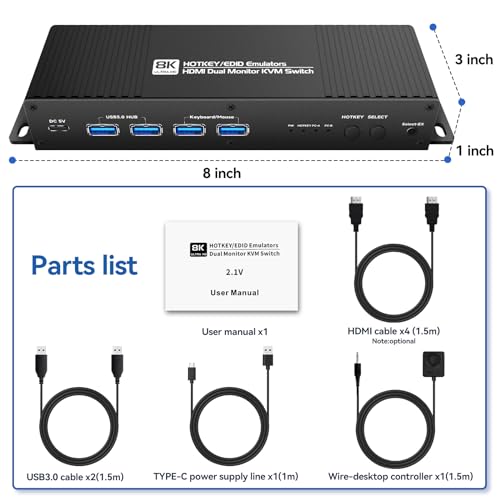 Image of Hdmi Kvm Switch 2 Monitors 2 Computers edid Emulator 4k 144hz Hotkey Switching Dual Monitor kvm Switches hdmi edid 2 Monitors 2 Computers 1440P 120Hz 144hz 165hz 240hz