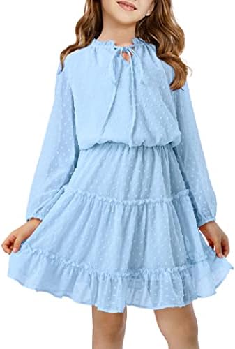 Girls Dresses Size 10-11 Blue Dress for Girls V Neck Tie Front Kids Dress Long Sleeve Swiss Dot Knee Length Dress Flowy Chiffon Dress Cute A-Line Girls Spring Summer Dresses Casual Girl Dress