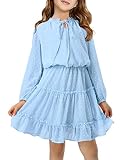 Girls Dresses Size 10-11 Blue Dress for Girls V Neck Tie Front Kids Dress Long Sleeve Swiss Dot Knee