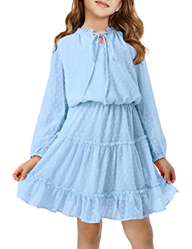 Girls Dresses Size 10-11 Blue Dress For Girls V Neck Tie Front Kids Dress Long Sleeve Swiss Dot Knee Length Dress Flowy Chiffon Dress Cute A-Line Girls Spring Summer Dresses Casual Girl Dress #TOP4