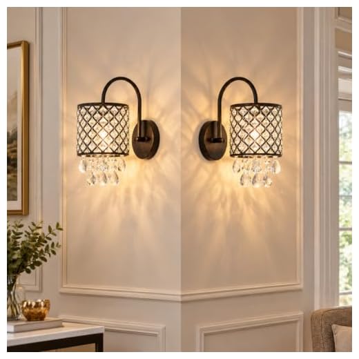 Maxax Crystal Wall Sconce, Modern Indoor Wall Lamp, Vanity Lighting Fixture with Lattice Drum Shade, ETL Listed, for Living Room, Bedroom, Hallway, Bathroom, Antique Black Finish, Set of 2