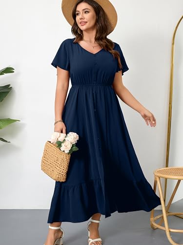 Image of RWJ Women Plus Size Maxi Dress V Neck Short Sleeve Button Trim Split Flowy Tiered Casual Long Dresses 2025 L-3XL