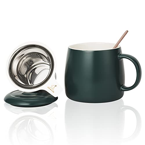 Tasse à Thé en Céramique avec Infuseur, Cuillère et Couvercle, 450ml, Candiicap Grande Tasse Infuseur à Thé pour Thé, Café, Lait-Va au Micro-ondes et au Lave-vaisselle (450ml,Vert Mat) Cover