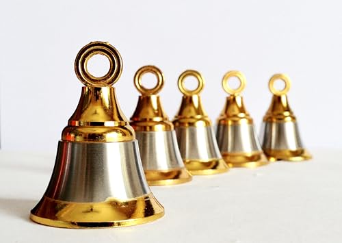 Solid Brass Pooja Bells with J Hook Home Decor Christmas Bells Wall Hanging Jingle Bell Ornaments New (6, Golden & Silver Bell 2 INCH)
