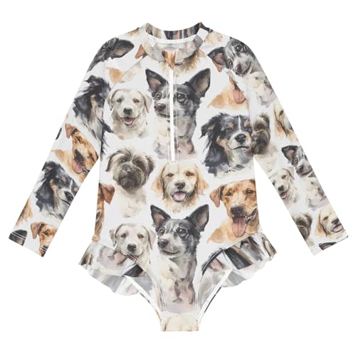 Dog Head Pattern Girls Long Sleeve Swimsuit Rash Guard One Piece Bathing Suits Zipper 3-12T