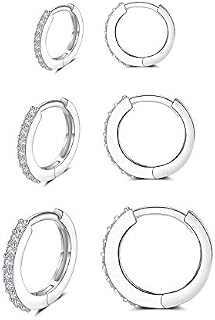 Silver Earrings for Women, S925 Sterling Silver Tiny Hoop Earrings | Small Helix Tragus Cartilage Earrings, Cubic Zirconia Cuff Huggie Hoops Mini Piercing Jewelry for Girls Men Teen (6/8/10mm)