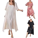 Women Satin Nightwear 2 Piece Set Robe-Long Robe Slip Dress For Women Satin,Sexy Long Negligees Strap Chemise Nighties For Ladies Soft V Neck Nightdresses With Mid-Length Robes 2 Outfits