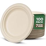 TaidMiao 7 Inch Paper Plates 100 Pack - 100% Compostable Disposable Plates, Heavy Duty Dessert Plates, Biodegradable Sugarcane Plates for Party (Microwavable, Oil/Water Proof, Eco-Friendly, Brown)