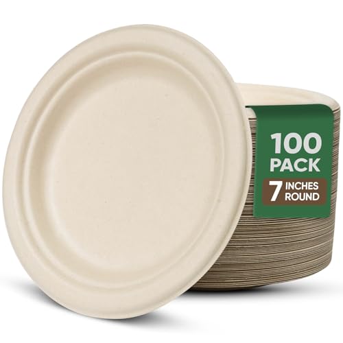 TaidMiao 7 Inch Paper Plates 100 Pack - 100% Compostable Disposable Plates Heavy Duty Dessert Plates Biodegradable Sugarcane Plates for Party (Microwavable Oil/Water Proof Eco-Friendly Brown)