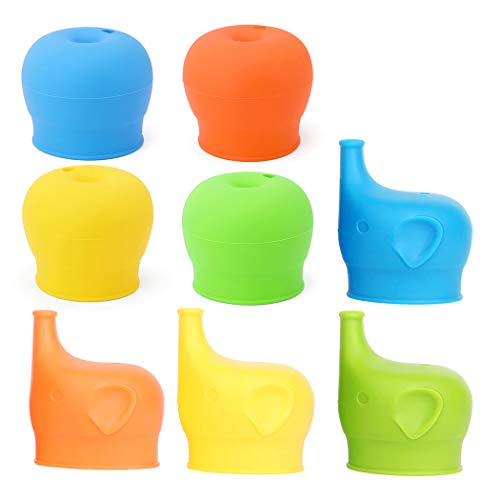 8 tapas de silicona de grado alimenticio para tazas de sifón + tapas de elefante a prueba de derrames, tapas para botella de Hatisan-Pro de dos estilos a prueba de fugas para niños (colores al azar)