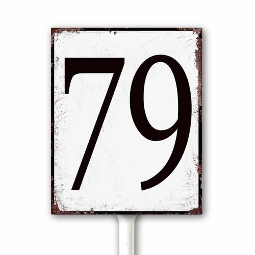 Aluminum Number Sign 79 Metal Numbered Yard Sign With Stake Outdoor for Tennis Court, Parking Lots, Floor, Dock, Court, Aisle, Field, Farm 18x22 CM High Visibility Rust Free (Retro White)