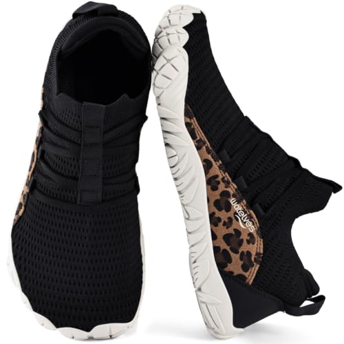 WateLves Barefoot Water Shoes Men Women Wide Toe Box Slip-on Walking Shoes Zero Drop Minimalist Gym Sneakers for Training Yoga Beach Hiking (Black Leopard Print, 36)