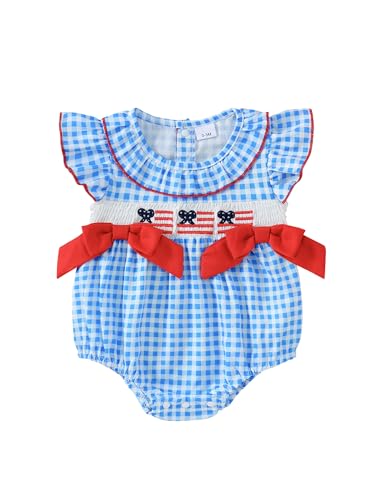 Owl's-Yard Baby Girl Smocked Romper Short Sleeve Bubble Rompers Summer Clothes Plaid Print Embroidery Bow Bodysuit