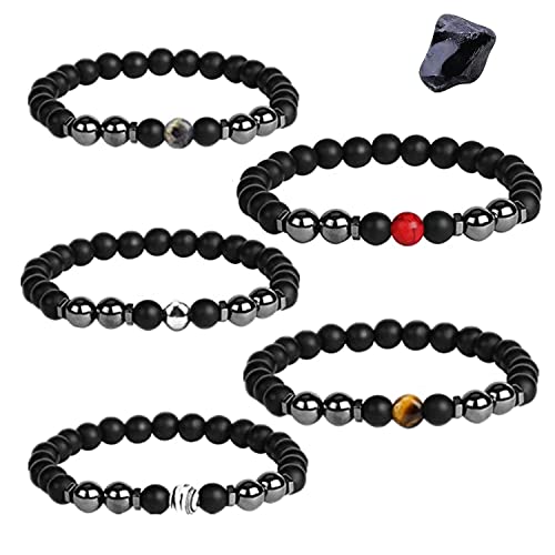 5 Stücke Lymphdrainage Schwarzer Obsidian Armband, Verstellbare Armbänder Runde Kristall Edelstein Weben Seil Handgelenk Armbänder Schmuck für Männer Frauen Cover