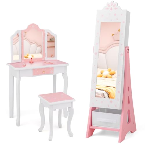 Costzon Kids Vanity & Jewelry Armoire Cabinet, Kids Vanity Table and Chair Set, Standing Jewelry Organizer with Full-Length Mirror, Kids Bedroom Furniture Set for Girls, Snowflake Print (White)