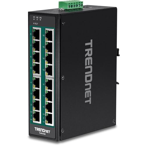 TRENDnet 16-Port Hardened Industrial Unmanaged Gigabit 10/100/1000Mbps DIN-Rail Switch w/ 16 Gigabit PoE+ Ports, Lifetime Protection, TI-PG160
