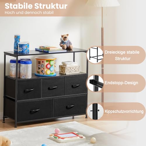 DUMOS Kommode mit Schubladen - kommoden & Sideboards für Schlafzimmer Geeignet, Komodenschrank mit 5 Schubladen, TV-Schrank mit Stabilem Stahlrahmen, Ideal für Schlafzimmer, Wohnzimmer (Schwarz)