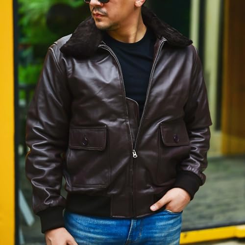 Image of Jild Navy G-1 Real Leather Bomber Jacket Men with Removable Fur Collar - Vintage Flight Aviator Leather Jacket Men