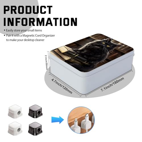 Image of Metal Tin Box with Lid,Multi-functional Storage Large Box Can Store Tea Biscuits Game Cards, Playing & Tarot Cards-Comes with 4 Magnetic Cord Clips,Black Cat on Books