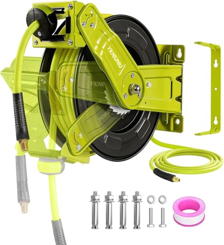 Image of YKNIUNIU Retractable Air Hose Reel, 3/8" x 50ft Hybrid Air Hose Max 300PSI, Heavy Duty Steel Auto Rewind, Wall & Ceiling Mount, for Garage,Workshop,Garden