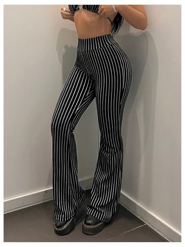 Floerns Women's Striped Bell Bottom Pants Elastic High Waist Casual Flared Trousers4