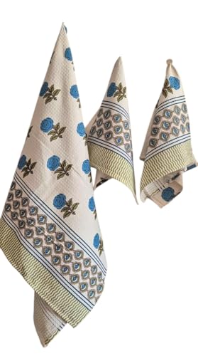 Image of Waffle Cotton Bath & Hand Towel, Hand Block Printed Towel for Bathroom, Quick Drying Towel for Men & Women, Eco Friendly Towel Daily use Towel Pack of 3 Pcs