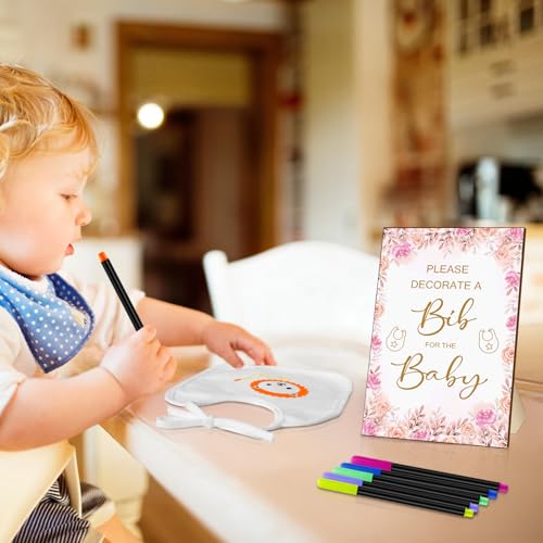 SytuHe 95 Pcs DIY Baby Bibs Decorating Kit50 White Bibs 24 Stencils 20 Fabric Markers 1 Baby Shower Game Sign4