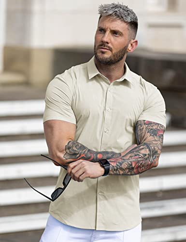 Urru Men's Muscle Dress Shirts Slim Fit Stretch Short Sleeve Casual Button Down Shirt Light Khaki S #TOP1