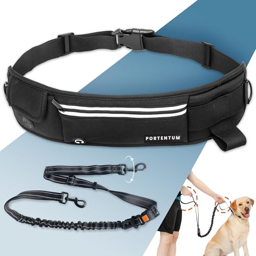PORTENTUM Guinzaglio mani libere per cani con cintura regolabile 60–127 cm – Ideale per correre, camminare ed escursioni – Design antitrazione con tasche integrate e cuciture riflettenti – Nero
