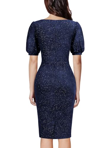 Image of Miusol Women's Retro V-Neck Elegant Glitter Wrap Ruched Puff Sleeve Cocktail Party Dress