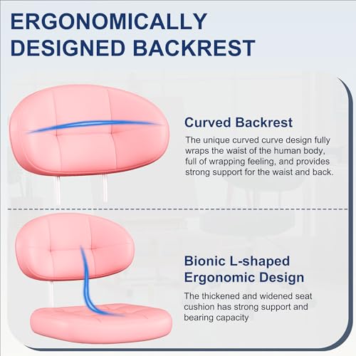 Image of Misolant Vanity Chair with Back, Small Armless Cute Office Chair with Wheels and Lumbar Support, Comfy PU Leather Desk Computer Chairs with Adjustable Height, 360Swivel for Home Bedroom Office, Pink