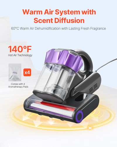 Image of VEVOR Mattress Vacuum Cleaner, 550W Bed Vacuum Cleaner with 18Kpa Powerful Suction and Dual Dust Bin, HEPA Filter & Heating, Ultrasound Tech & Cleaning Lights, Handheld for Bed, Sofa, Corded, Gray