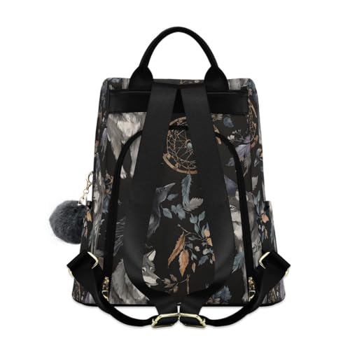 Image of ALAZA Watercolor Black Raven and Wolf Boho Backpack Purse with Adjustable Straps