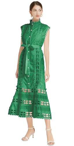 Image of LAI MENG FIVE CATS Women's Sleeveless Hollow Out Lace Button Up Casual Midi Party Dress with Belt