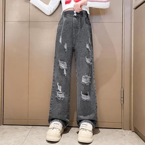 Girls Ripped Jeans Straight Leg Baggy Button Denim Pants Elastic Waist Trousers Casual Trendy Streetwear with Pockets2