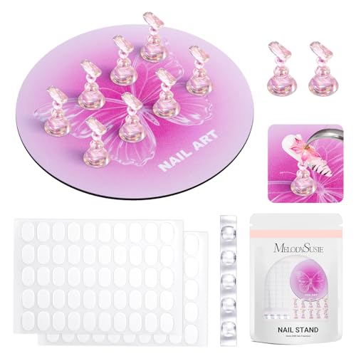 MelodySusie Nail Stand for Press Ons, Super Pink Metal Round With Butterfly Pattern Magnetic Base for Painting Display with Brush Holder And Reusable Double-Sided Tape for Home DIY Salon Supplies