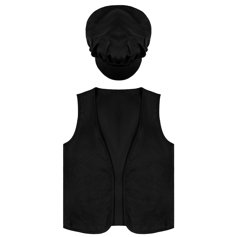 DiULi Victorian Pauper Costume for Kids Black 2-Piece Vest and Hat Set, Chimney Sweep Halloween Fancy Dress