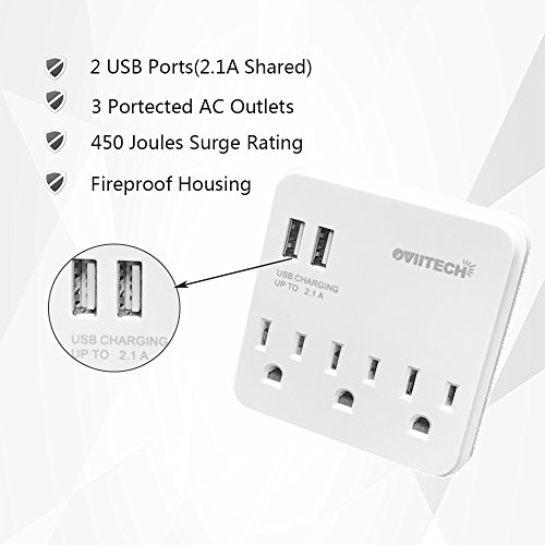 Oviitech Multi Wall Mount Adapter Outlet with Dual 2.1A USB Charging Ports and 3 Electrical Sockets, Plug-in Splitter ETL Listed，White，2 Pack - Thumbnail 6