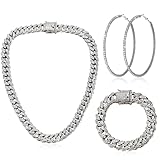 Batiyeer Link Chain Necklace Bracelet Rhinestone Earrings Bling Necklace Bracelet Crystal Big Circle Earring for Women(Steel Black, 16 Inch)