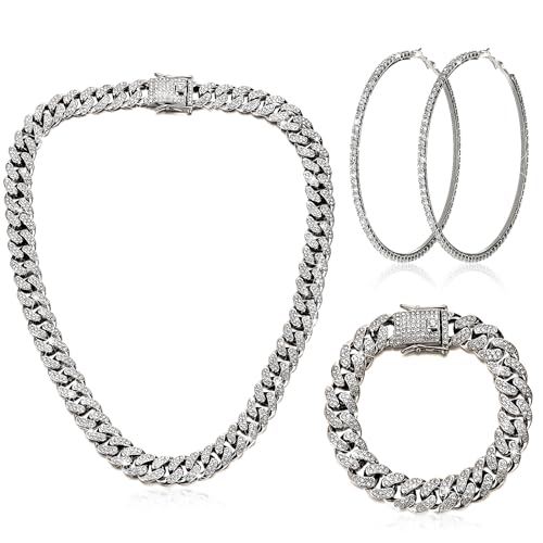 Batiyeer 3 Pcs Cuban Link Chain Necklace Bracelet Rhinestone Hoop Earrings Bling Crystal Hip Hop Jewelry for Women(18 Inch,Steel Black)