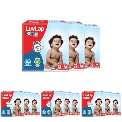 Image of LuvLap Pant Style Baby Diapers, Medium (MD) For babies of 7 to 12Kg, 216 Count (72x3) with Aloe Vera Lotion for rash protection, with upto 12hr protection Diapers, (72 Count, Pack of 12)