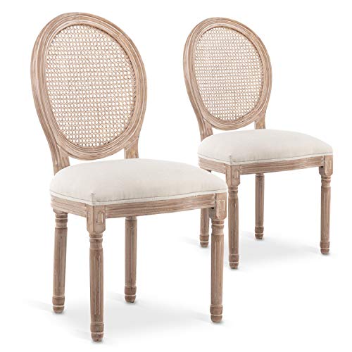 INTENSE DECO Lot de 2 chaises médaillon Louis XVI Cannage Rotin Tissu Beige